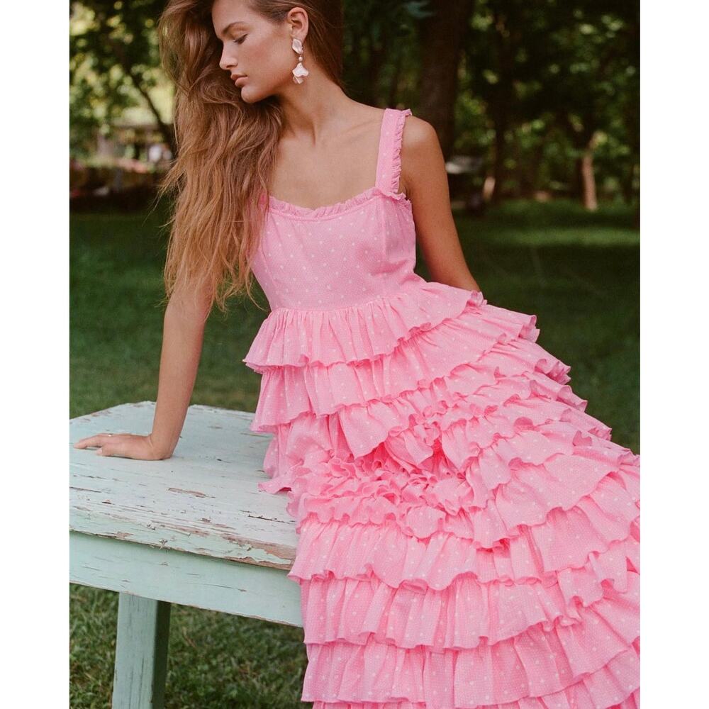 Loveshackfancy Idra Tiered Ruffle Maxi Dress Polka dot Hot Pink Cherry Sz 4 - Picture 3 of 11